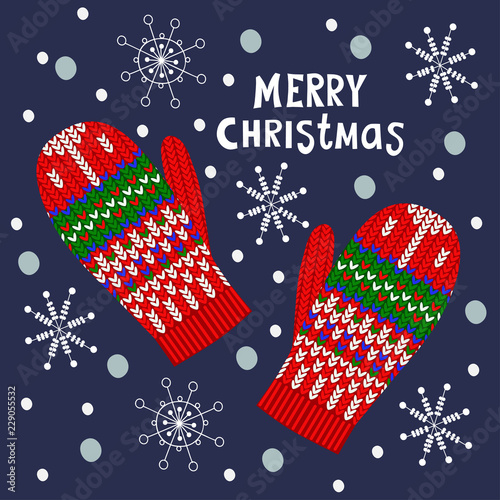 Merry Christmas, vector illustration with mittens and snowflake