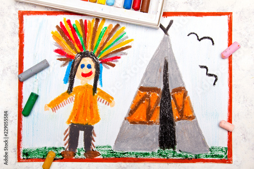 Colorful drawing: Smiling Indian in a headdress stands next to a teepee