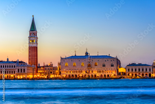 Night view of piazza San Marco, Doge's Palace (Palazzo Ducale), Campanile in Venice, Italy. Architecture and landmark of Venice. Night cityscape of Venice. © Ekaterina Belova