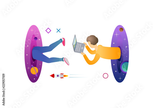 Hipster man flying through the portal. Fantasy teleport. Online computer game concept. Modern style vector illustration for landing page, website, banners and presentation.