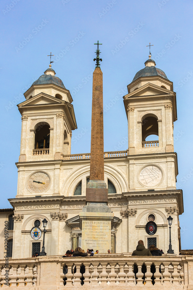 Above the Spanish Steps the church of the Santissima Trinita dei Monti in Rome, Italy