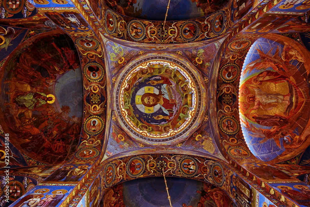 Painting, decoration, frescos on the walls, the ceiling, the dome, the arches in Church of St. Nicholas in Kronstadt. St. Petersburg, Russia, Europe