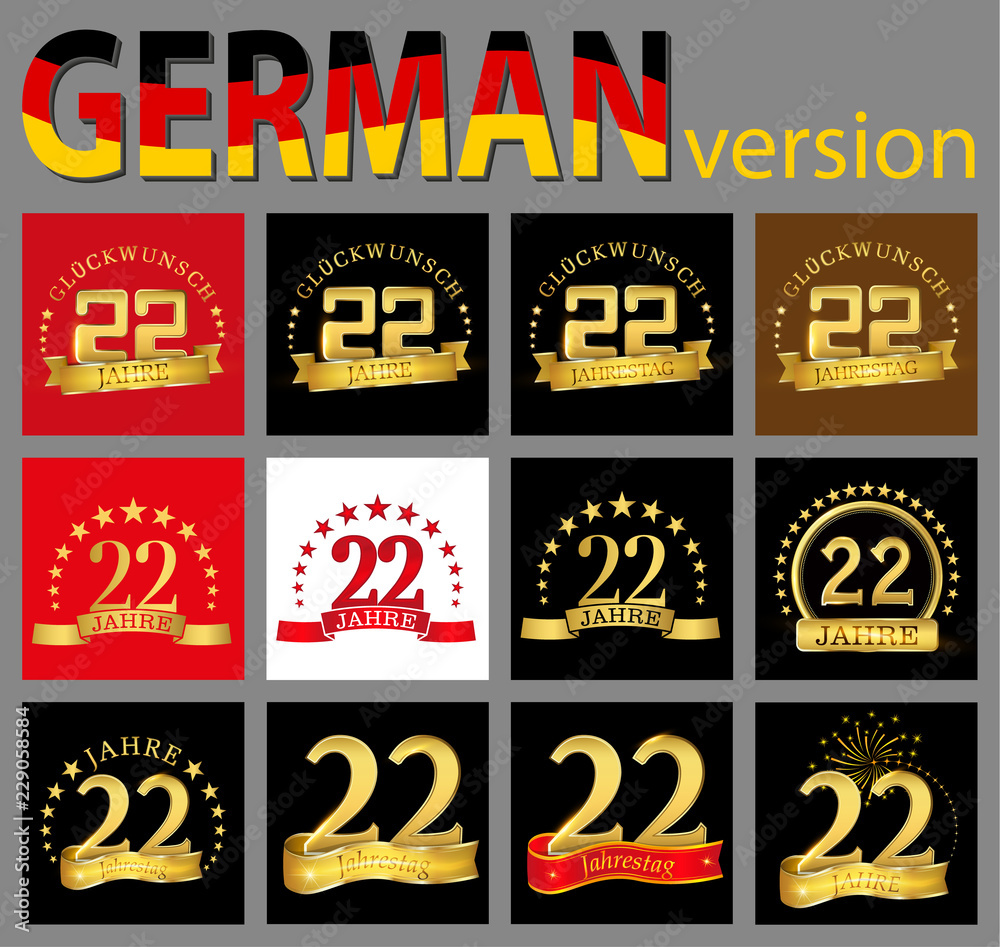 Set of number twenty-two (22 years) celebration design. Anniversary golden number template elements for your birthday party. Translated from the German - congratulation, years, anniversary.