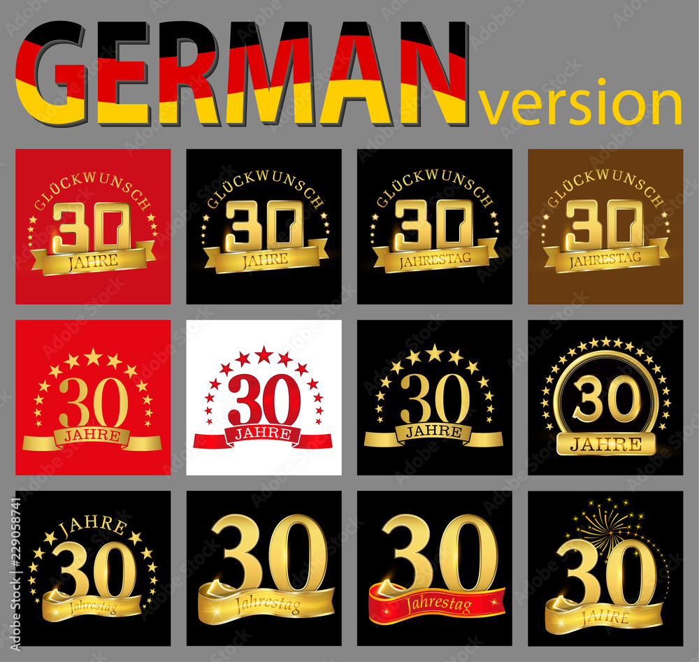 Set of number thirty (30 years) celebration design. Anniversary golden number template elements for your birthday party. Translated from the German - congratulation, years, anniversary.