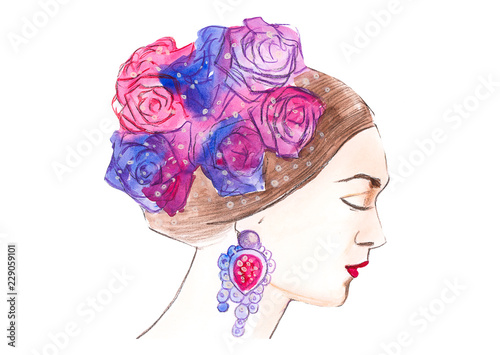 Quadro su tela Hand drawn portrait of woman in a floral wreath
