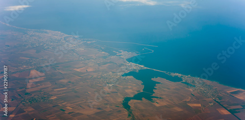 Romania Black Sea resorts of Mamaia, Constanta, Eforie Nord and Sud. aerial view from airplane