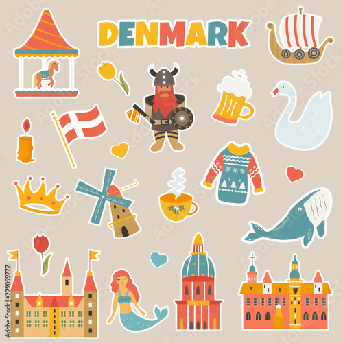 Set of stickers of danish famous places, symbols