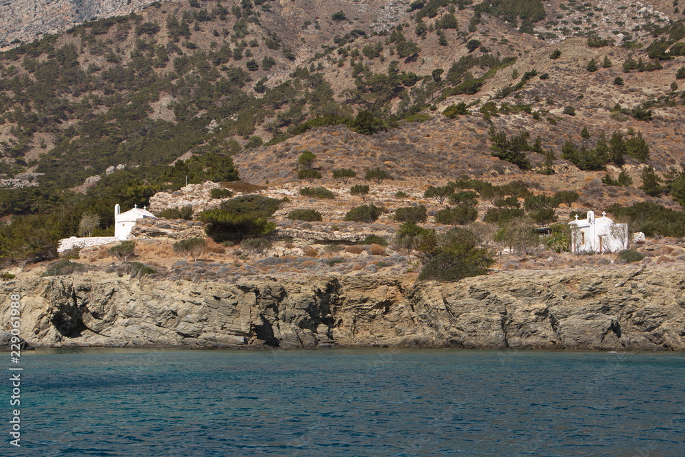 Churches at Vananda Bay near Diafani on Karpathos in Greece