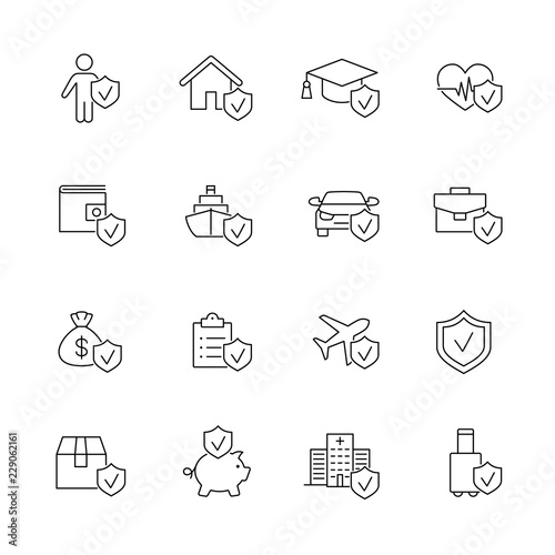 insurance accident protection line black icons set