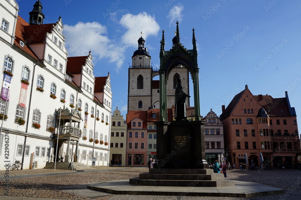 Wittenberg Colorful Market Square, Rathaus, City Church,Martin Luther Statue  Lutherstadt Wittenberg Germany