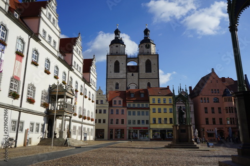 Wittenberg Colorful Market Square, Rathaus, City Church,Martin Luther Statue Lutherstadt Wittenberg Germany