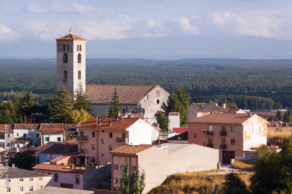 View village of Cuellar. Church, pine forest and houses. In the province of Segovia. Castilla y Leon, Spain