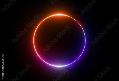 3d render, neon light, round frame, blank space for text, ultraviolet spectrum, ring symbol, halo, isolated on blank background