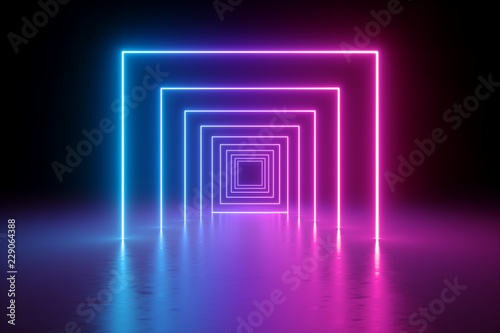 Fototapeta Naklejka Na Ścianę i Meble -  3d render, abstract background, square portal, glowing lines, tunnel, neon lights, virtual reality, arch, pink blue spectrum vibrant colors, laser show, isolated on black
