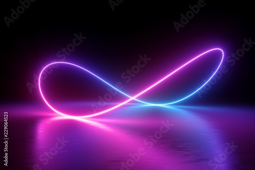 3d render, infinity symbol, neon light, loop, ultraviolet spectrum, quantum energy, pink blue violet glowing line, string, abstract background photo