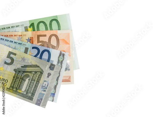 Stack of Euro banknotes isolated on white.