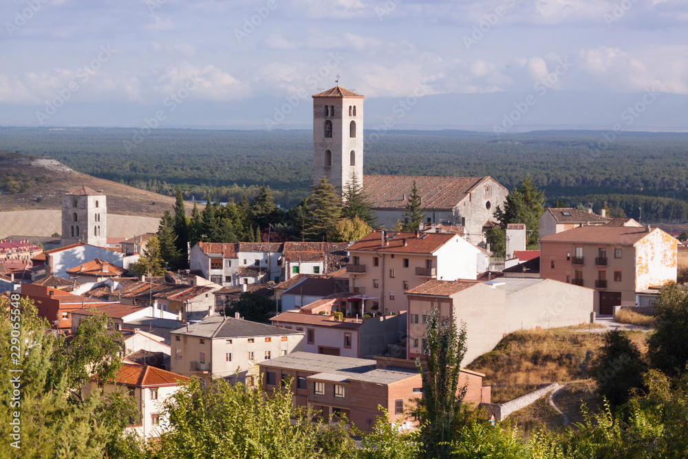 View village of Cuellar. Church, pine forest and houses. In the province of Segovia. Castilla y Leon, Spain