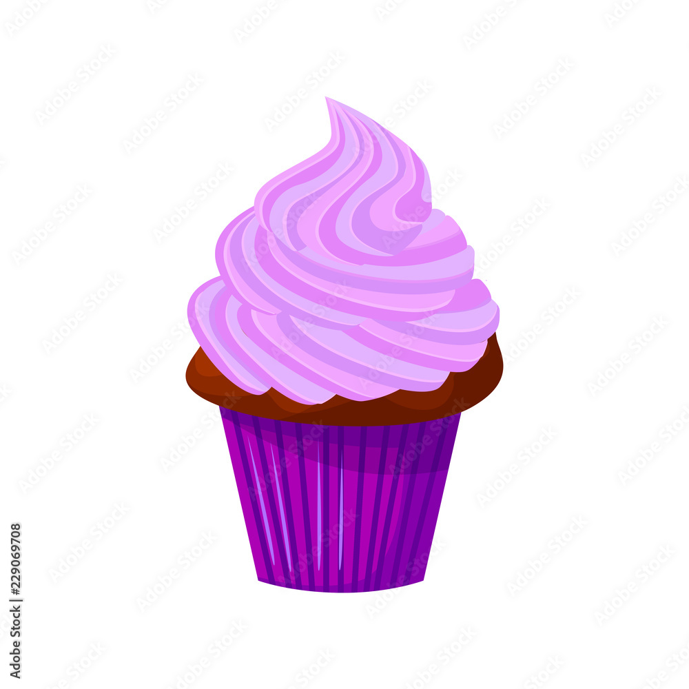 Vector cartoon style illustration of sweet cupcake. Delicious sweet dessert decorated with lavender creme. Muffin isolated on white background. Vector cartoon style illustration of sweet cupcake. Delicious sweet dessert decorated with lavender creme. Muffin isolated on white background.