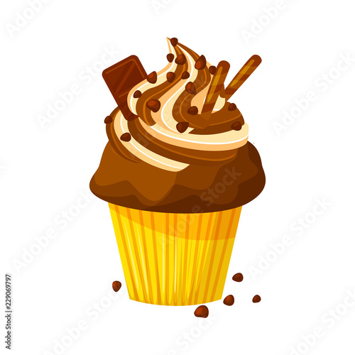 Vector cartoon style illustration of sweet cupcake. Delicious sweet dessert decorated with creme and chocolate. Chocolate muffin isolated on white background.