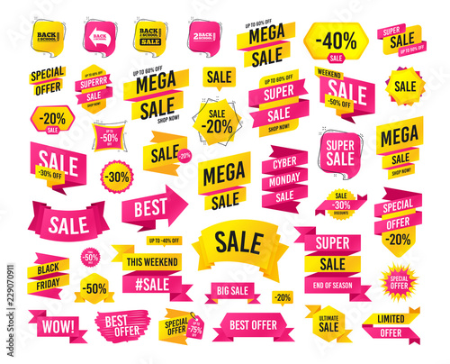 Sales banner. Super mega discounts. Back to school sale icons. Studies after the holidays signs. Pencil symbol. Black friday. Cyber monday. Vector