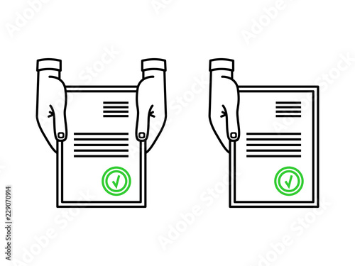 Hands giving us a sheet of paper with acceptance mark OK sign or approved stamp from the top of screen. Modern single weight line art icon photo