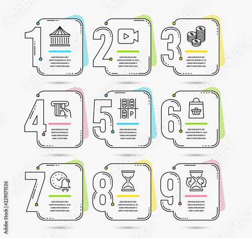 Infographic timeline with 9 options. Set of Coins, Online buying and Parking place icons. Video camera, Carousels and Alarm bell signs. Time hourglass, Credit card and Hourglass. Timeline vector.