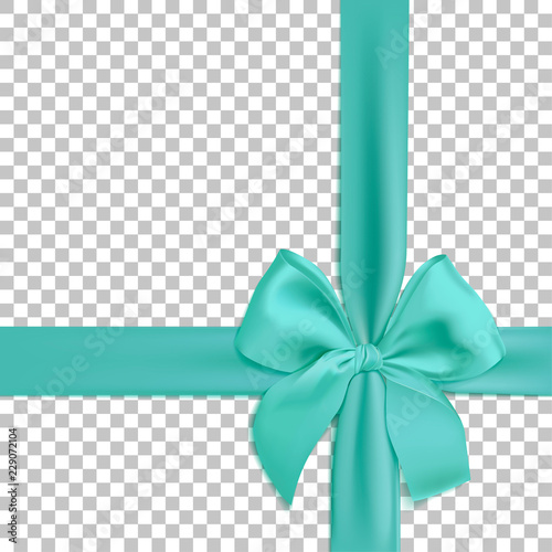 Realistic turquoise bow and ribbon isolated on transparent background. Template for brochure or greeting card. Vector illustration.