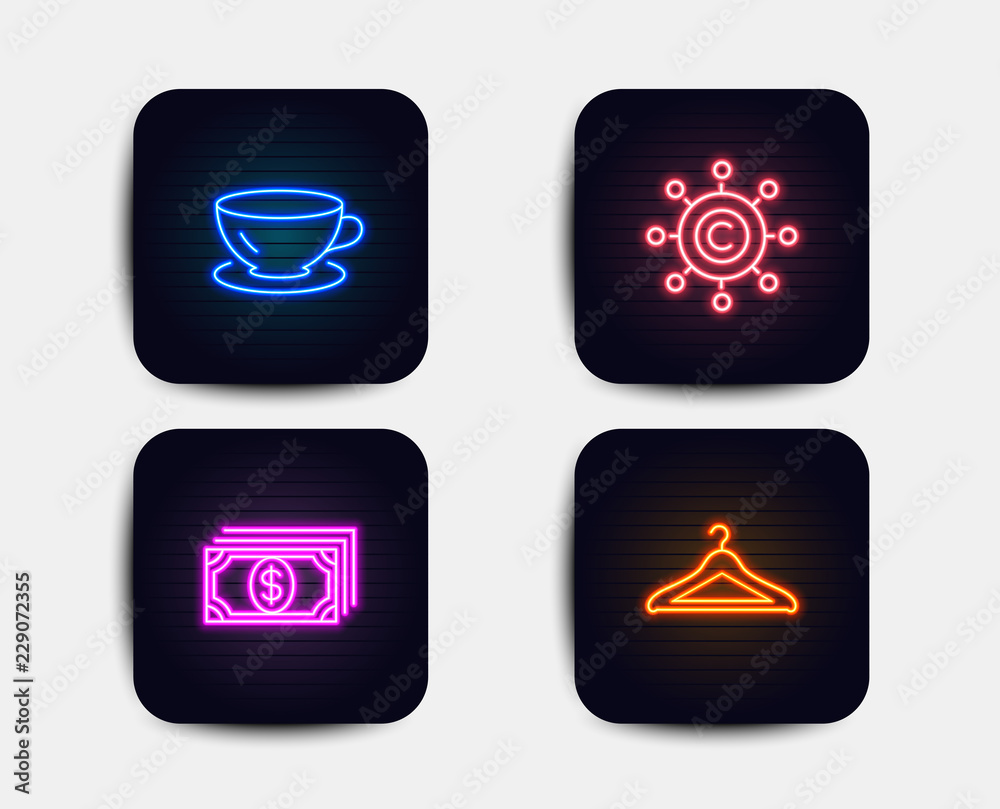 Neon glow lights. Set of Espresso, Payment and Copywriting network icons. Cloakroom sign. Coffee cup, Finance, Content networking. Hanger wardrobe.  Neon icons. Glowing light banners. Vector