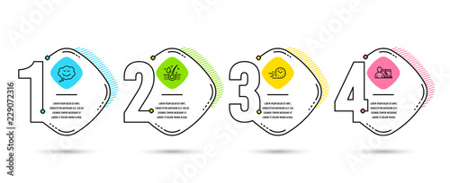 Infographic template 4 options or steps. Set of Speech bubble, Fast delivery and Serum oil icons. Online education sign. Comic chat, Stopwatch, Healthy hairs. Internet lectures. Vector
