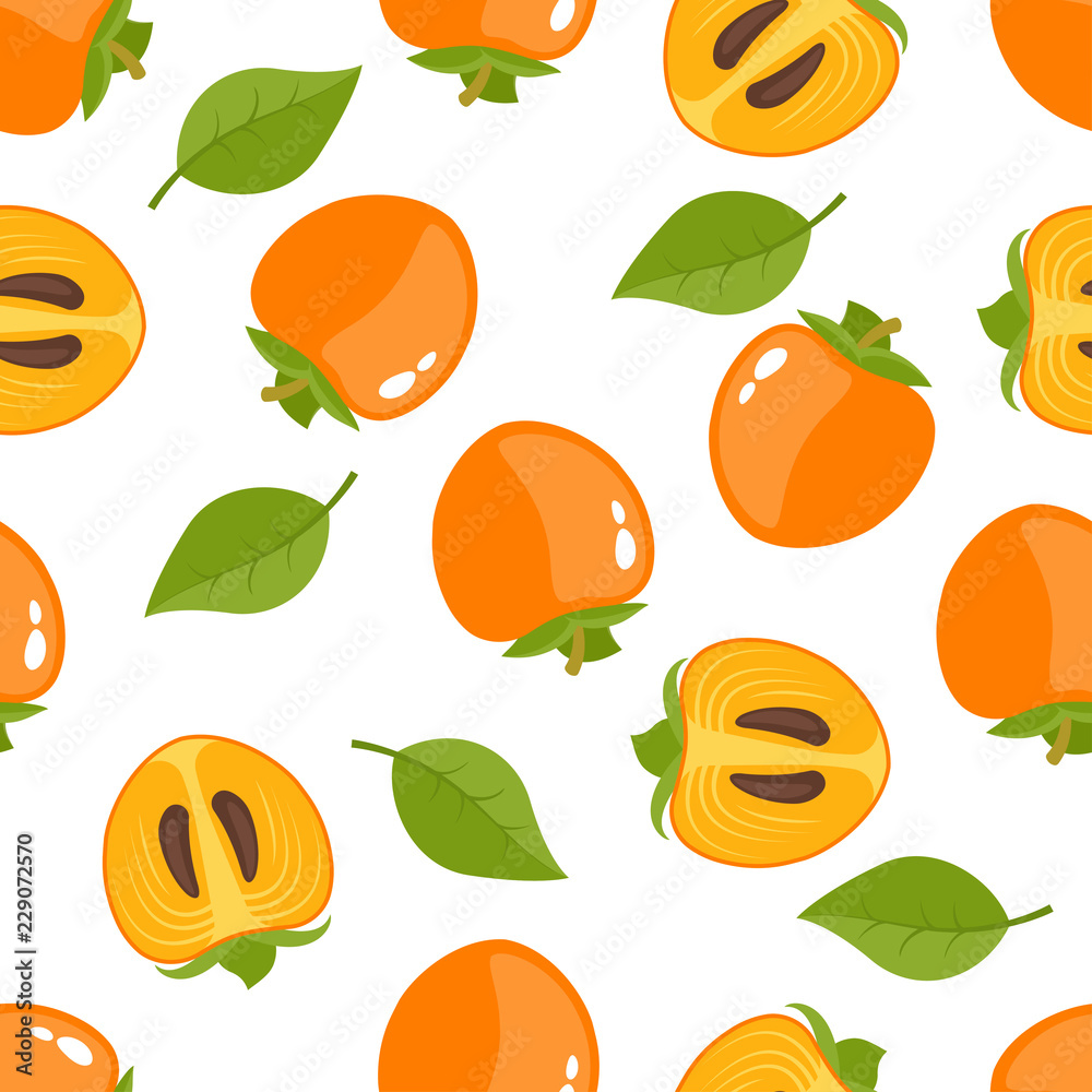 Seamless pattern with whole persimmon and slice Seamless pattern with whole persimmon and slice