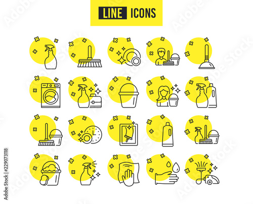 Cleaning line icons. Laundry, Sponge and Vacuum cleaner signs. Washing machine, Housekeeping service and Maid equipment symbols. Window cleaning and Wipe off. Quality futuro design icons. Vector