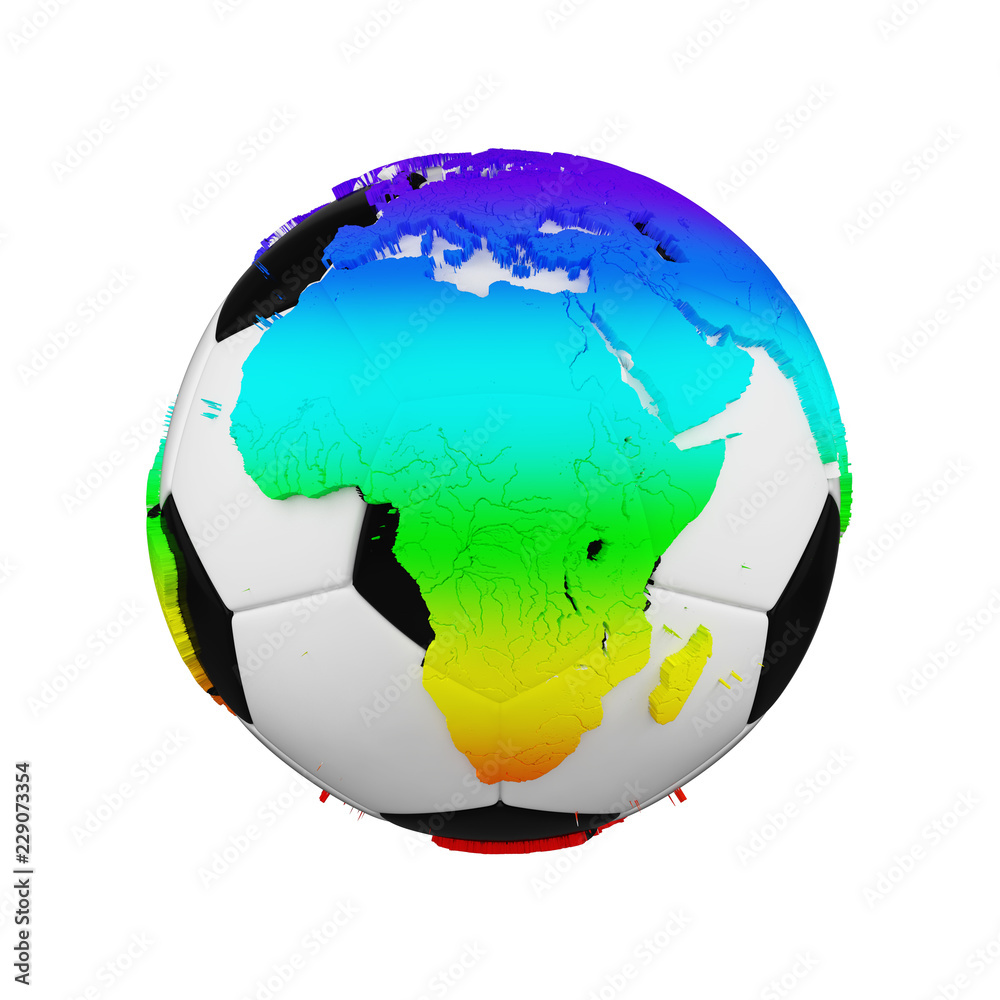 Soccer ball with planet earth globe concept isolated on white background. Football ball with rainbow continents. Soccer ball with planet earth globe concept isolated on white background. Football ball with rainbow continents.