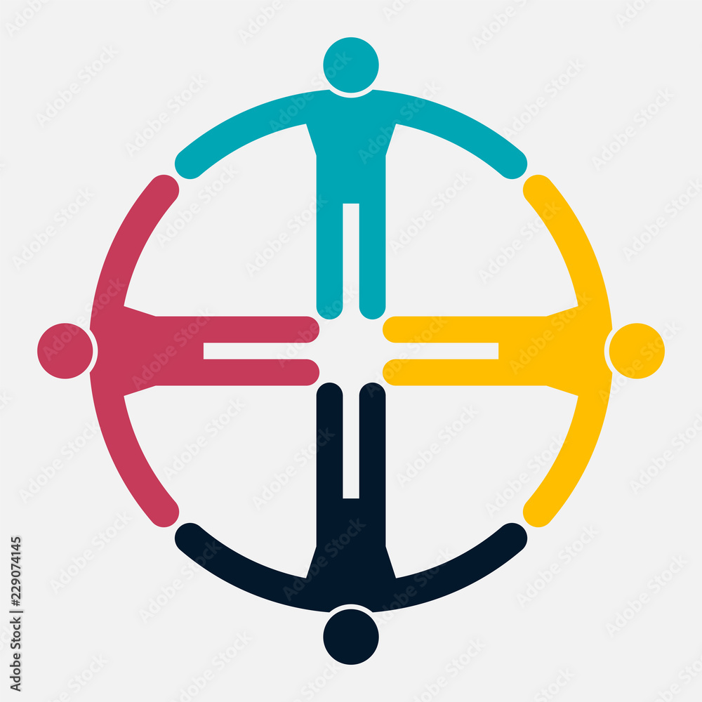 Four people in a circle holding hands.The summit workers are meeting in the same power room. Four people in a circle holding hands.The summit workers are meeting in the same power room.