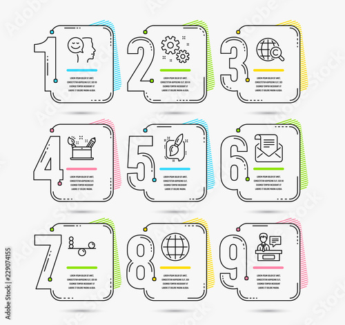 Infographic template with numbers 9 options. Set of Good mood, Creativity concept and Balance icons. Work, International Ð¡opyright and Painting brush signs. Vector