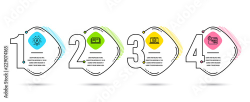 Infographic template 4 options or steps. Set of Inspiration, E-mail and Education icons. Quick tips sign. Creativity, New message, Instruction book. Helpful tricks.  Process diagram, workflow layout