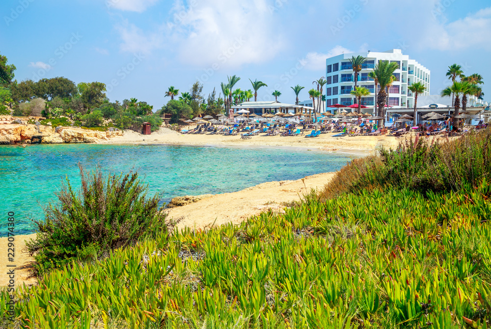 A view of a azzure water and Nissi beach in Aiya Napa, Cyprus A view of a azzure water and Nissi beach in Aiya Napa, Cyprus