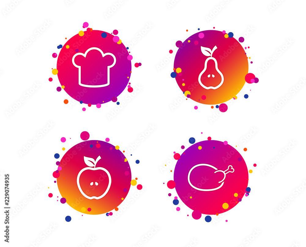 Food icons. Apple and Pear fruits with leaf symbol. Chicken hen bird meat sign. Chef hat icons. Gradient circle buttons with icons. Random dots design. Vector Food icons. Apple and Pear fruits with leaf symbol. Chicken hen bird meat sign. Chef hat icons. Gradient circle buttons with icons. Random dots design. Vector