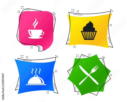 Food and drink icons. Muffin cupcake symbol. Fork and knife sign. Hot coffee cup. Food platter serving. Geometric colorful tags. Banners with flat icons. Trendy design. Vector