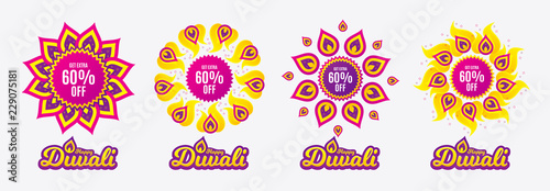 Diwali sales banners. Get Extra 60% off Sale. Discount offer price sign. Special offer symbol. Save 60 percentages. Diwali hindu festival of lights. Shopping tags. Vector