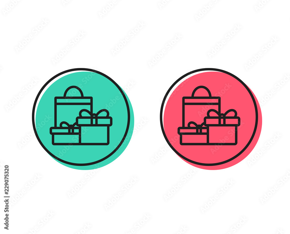 Gift boxes with bag line icon. Present or Sale sign. Birthday Shopping symbol. Package in Gift Wrap. Positive and negative circle buttons concept. Good or bad symbols. Shopping Vector Gift boxes with bag line icon. Present or Sale sign. Birthday Shopping symbol. Package in Gift Wrap. Positive and negative circle buttons concept. Good or bad symbols. Shopping Vector