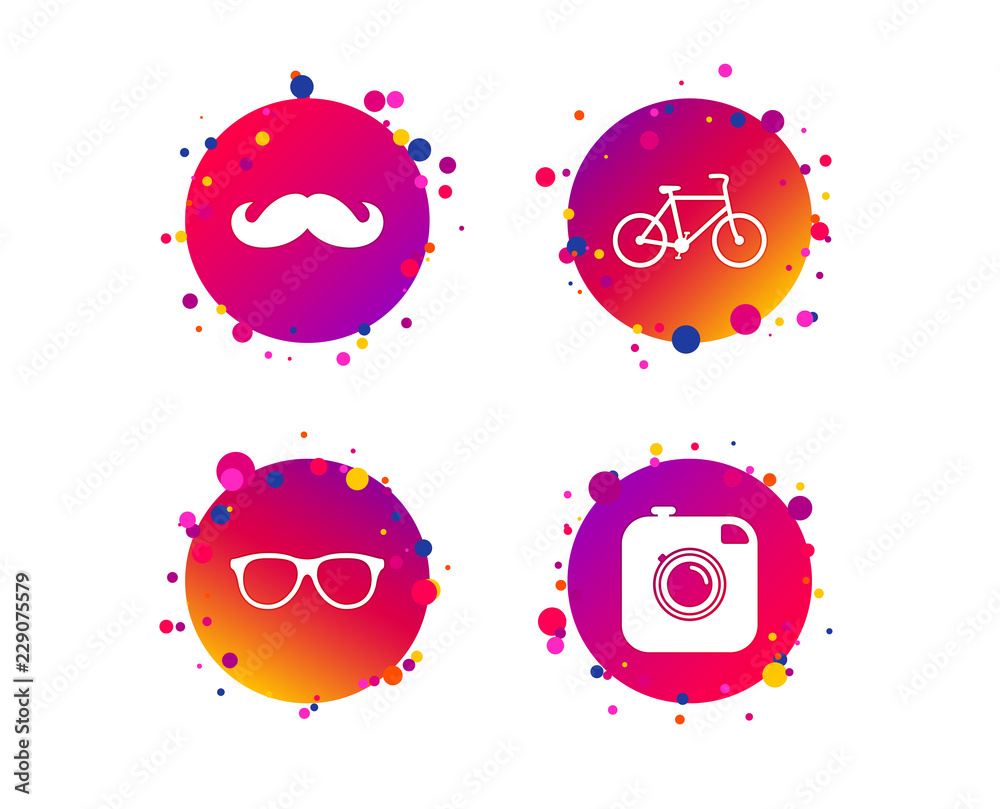 Hipster photo camera with mustache icon. Glasses symbol. Bicycle family vehicle sign. Gradient circle buttons with icons. Random dots design. Vector Hipster photo camera with mustache icon. Glasses symbol. Bicycle family vehicle sign. Gradient circle buttons with icons. Random dots design. Vector
