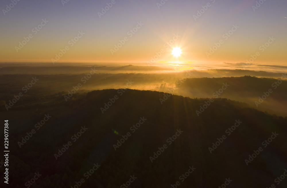 Obraz premium UK Countryside aerial view on a misty morning.