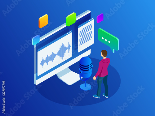 Isometric speech recognition, intelligent personal assistant created concept. Voice recognition vector illustration