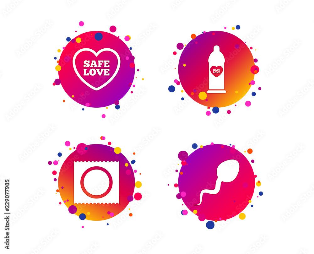 Safe sex love icons. Condom in package symbol. Sperm sign. Fertilization or insemination. Gradient circle buttons with icons. Random dots design. Vector Safe sex love icons. Condom in package symbol. Sperm sign. Fertilization or insemination. Gradient circle buttons with icons. Random dots design. Vector