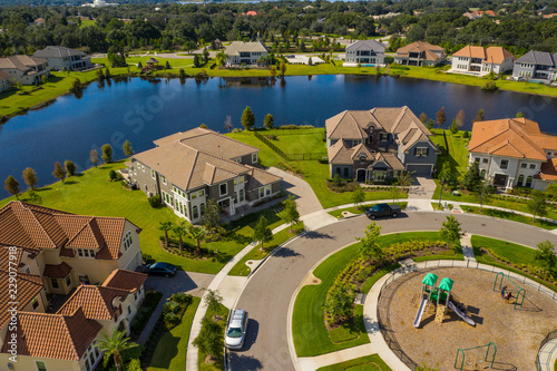 Aerial drone image of luxury homes in Orlando Florida photo