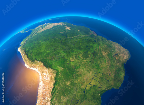 Vista satellitare dell'Amazzonia, cartina geografica, stati del Sud America, rilevi e pianure, cartina fisica. Disboscamento foresta photo