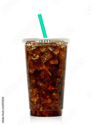 Cola with ice and straw in take away cup isolated on white background 