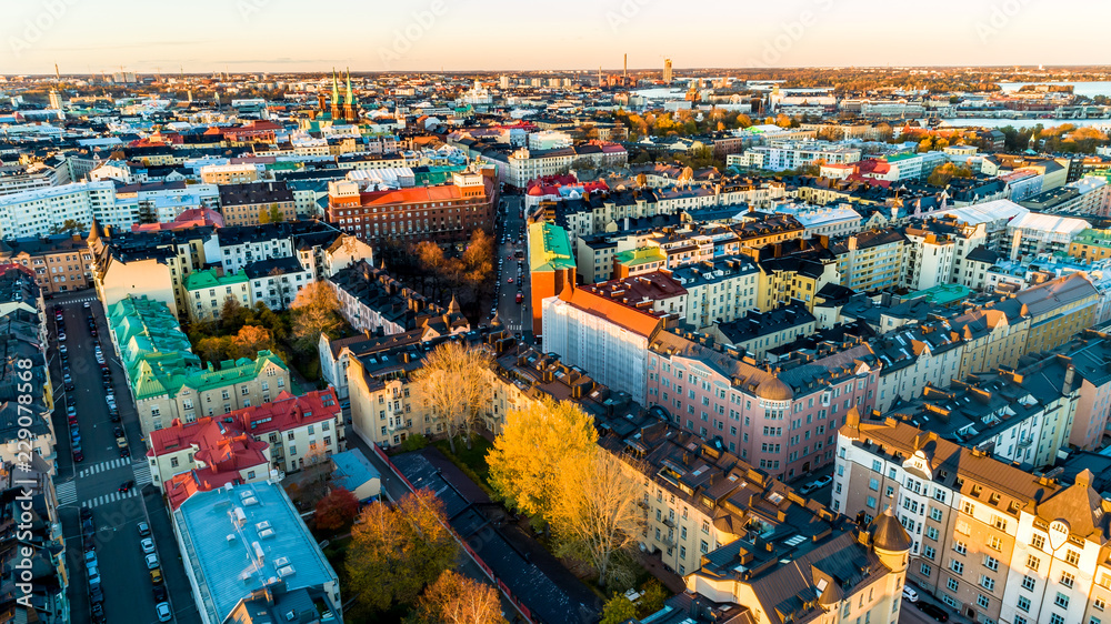 Aerial view of Helsinki city. Sky and colorful buildings.