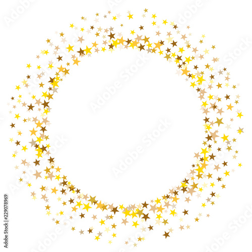 Round frame of random scatter golden stars on white background. 