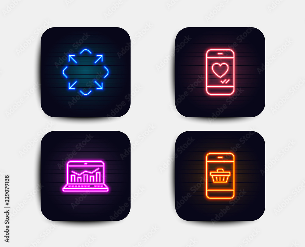 Neon glow lights. Set of Web analytics, Maximize and Love chat icons. Smartphone buying sign. Statistics, Full screen, Smartphone. Website shopping. Neon icons. Glowing light banners. Vector Neon glow lights. Set of Web analytics, Maximize and Love chat icons. Smartphone buying sign. Statistics, Full screen, Smartphone. Website shopping. Neon icons. Glowing light banners. Vector